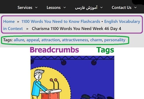 Breadcrumbs and tags navigation menu on top of each lesson