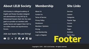 Footer area of LELB Society including important links and copyright notice