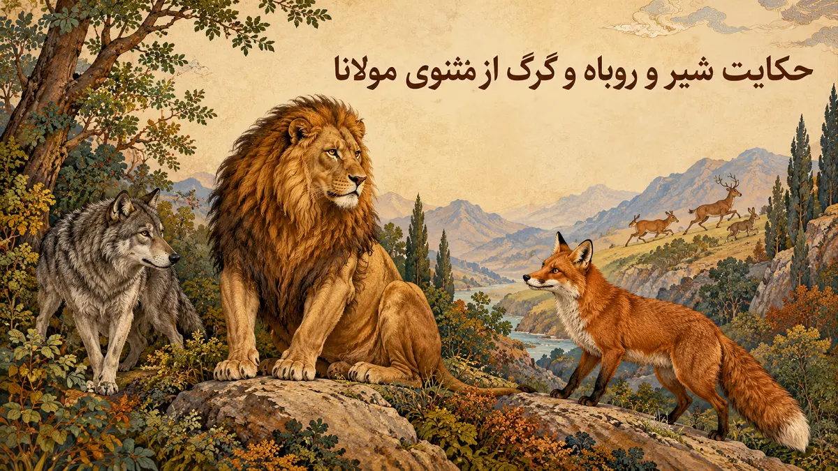 حکایت شیر و روباه و گرگ از مثنوی مولانا | بازنویسی ساده